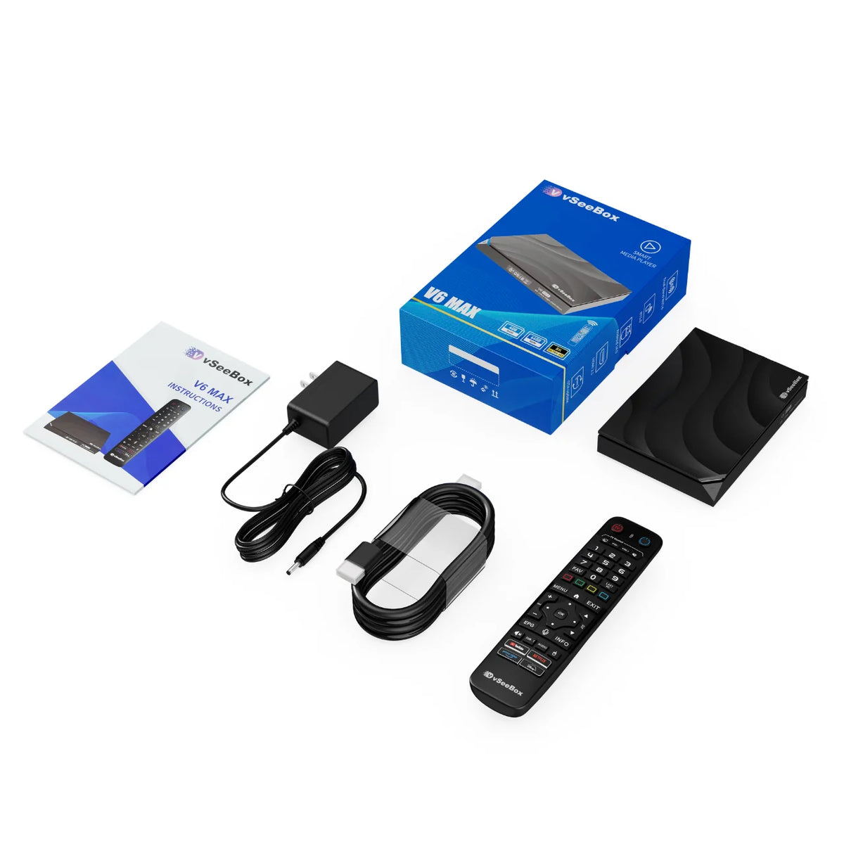 vSeeBox V6 Max (2025) box contents: remote, power adapter, and accessories