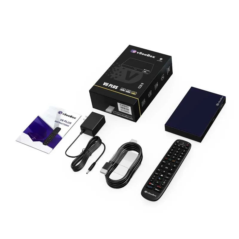 vSeeBox V6 Plus (2025) box contents: remote, power adapter, and accessories