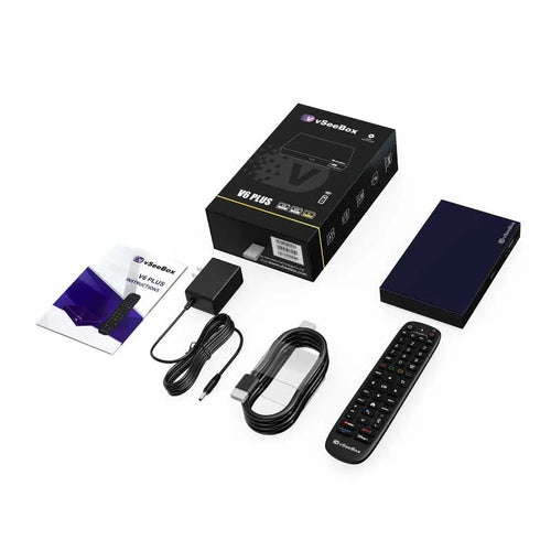 vSeeBox V6 Plus (2025) box contents: remote, power adapter, and accessories