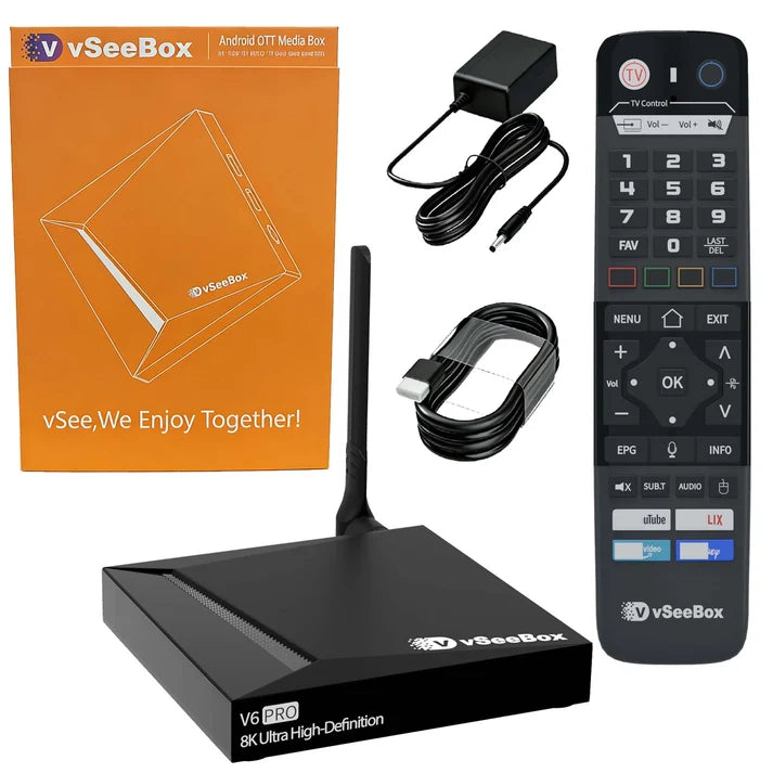 vSeeBox V6 Pro (2026) box contents: remote, power adapter, and accessories
