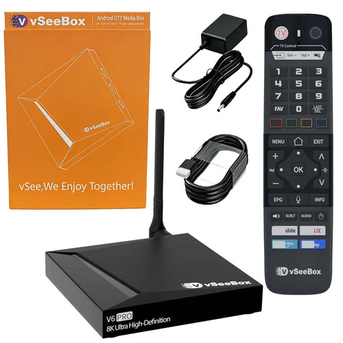 vSeeBox V6 Pro (2026) box contents: remote, power adapter, and accessories